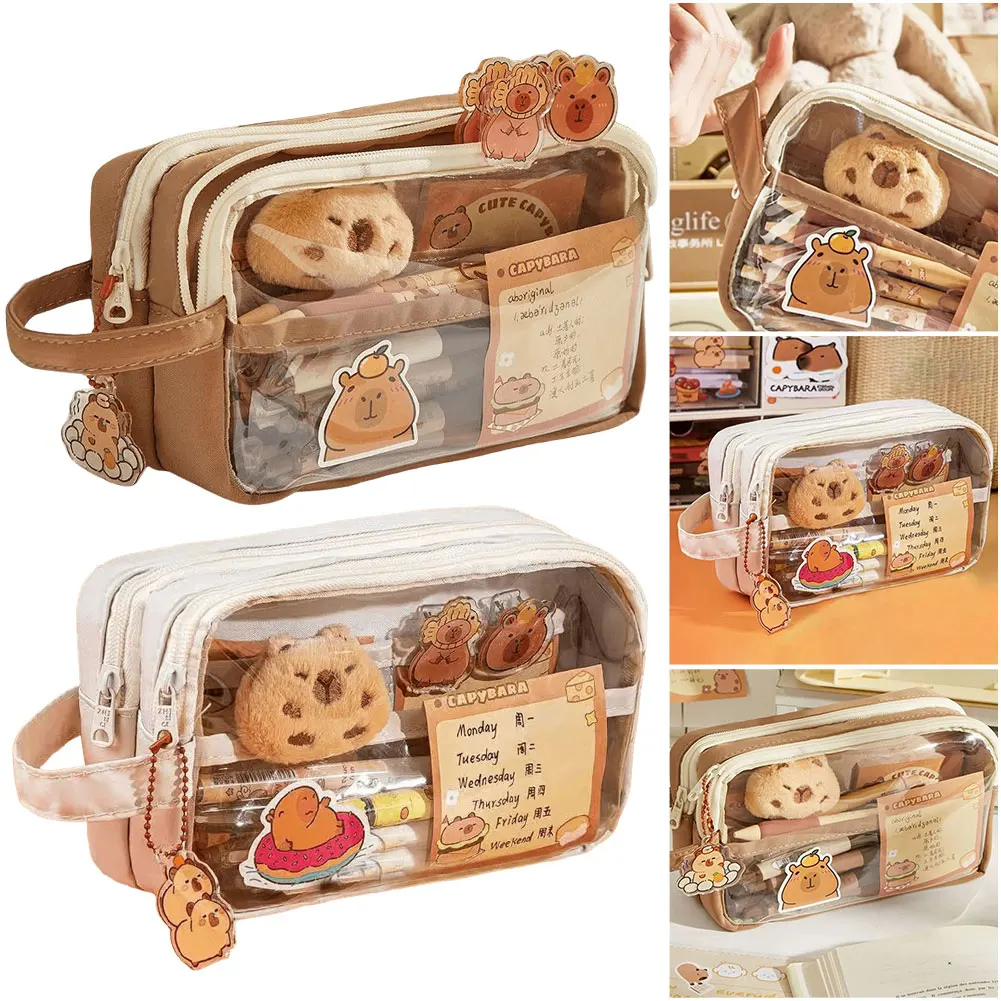 Capybara Kawaii Pencil Case with Compartments Pencil Pouch with Sticker Pendant Stationary Bag for Office School