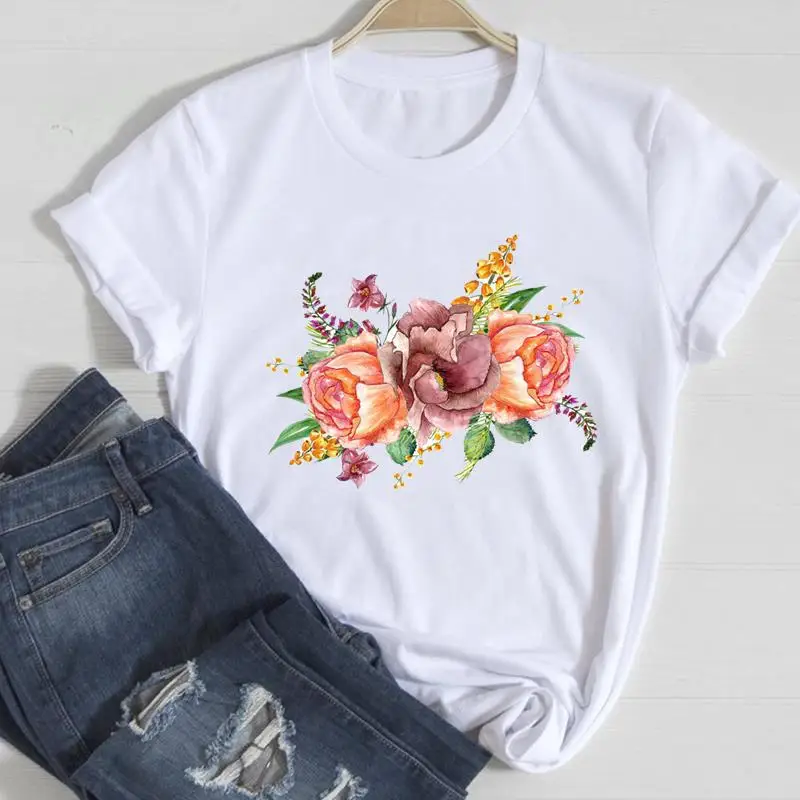 Clothing Floral Women Print European and American Short-sleeved T-shirt Women Clothing Tops Oversized T Shirt