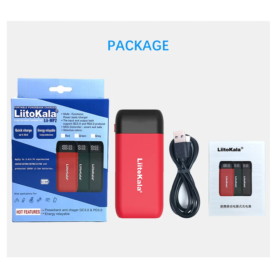 LiitoKala Lii-MP2 충전식 배터리 충전기, 보조배터리, 디지털 디스플레이, 18650, 21700, QC3.0 입력, 출력