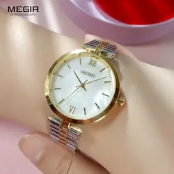 MEGIR Quartz Watch for Women Fashion Simple Analog Vintage Wristwatch with Stainless Steel Band 3atm Waterproof Lady Silver Gold