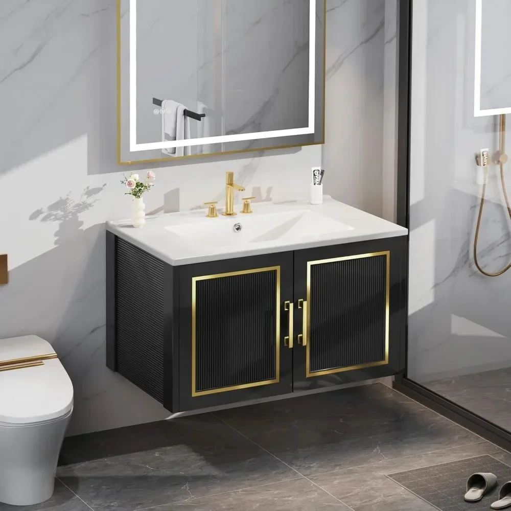 30" Bathroom Vanity with Ceramic Sink, Floating Vanity with Cabinet,with Soft Closing Doors & Gold Metal Handle, Black 6