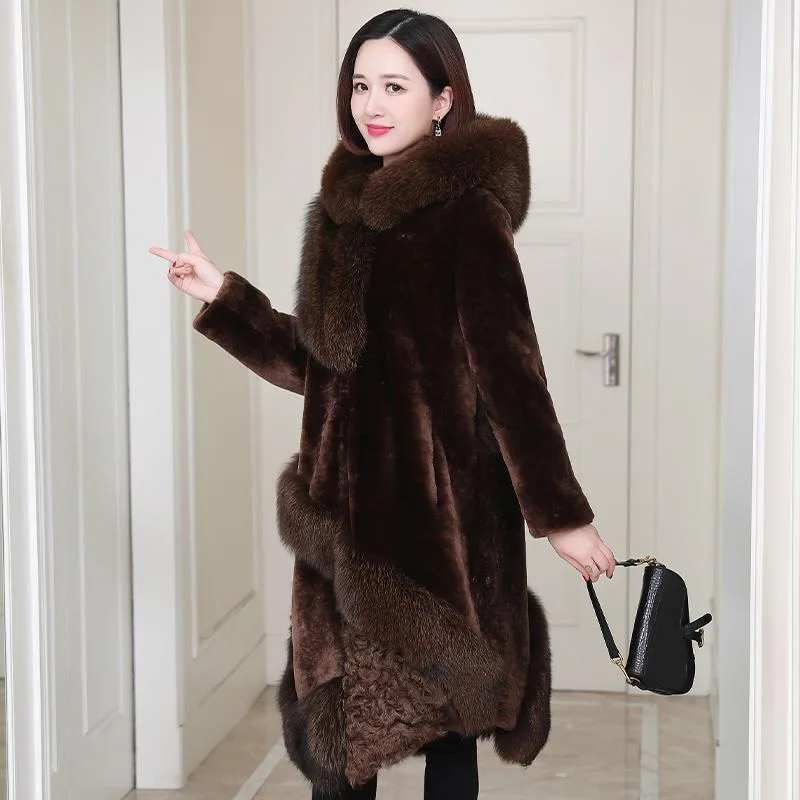 2023 Winter New Mink-like Coat Middle-Aged Women Long Below The Knee Lamb Wool Fur Outcoat Female Fashion Hooded Warm Outwear