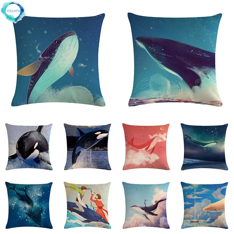 

Mediterranean Marine Life Sky Blue Whale Pattern Decorative Cushion Cover Square Cotton Linen Pillowcase Sofa Couch Pillow Cover