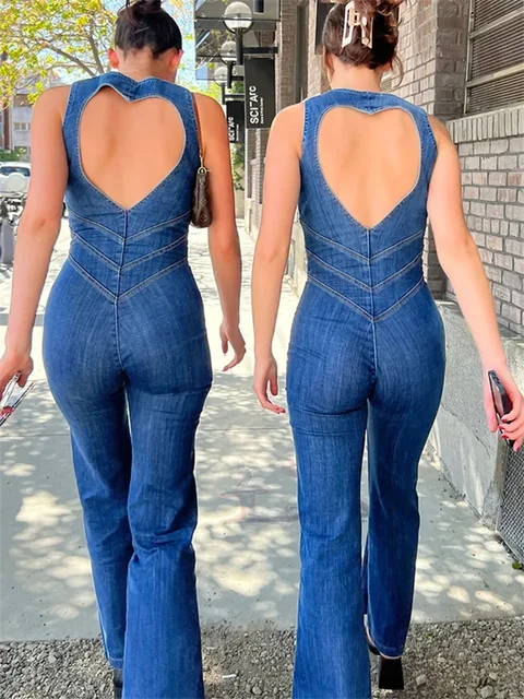 TARUXY Backless Heart Cutout Bodycon Jumpsuit For Women Casual Sleeveless Slim One-Piece Outfits Retro Denim Jumpsuits New 2025 1