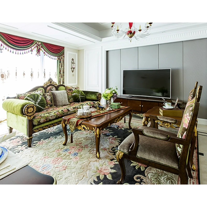 

Custom French heavy industry carving paste gold foil coffee large flower villa model room full solid wood sofa combination