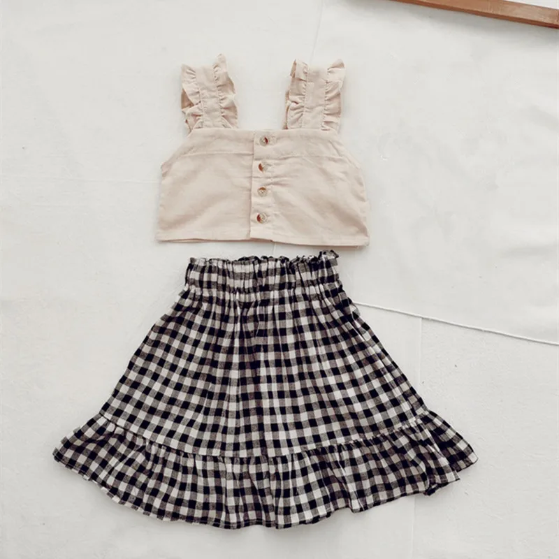 beautyful kid suit Girls Clothes Set Summer Kids Cotton Sleeveless Ruffles Sling Vest Plaid Skirt 2pcs Outfits Children Clothing Suit For 3-8Years clothing kid suit