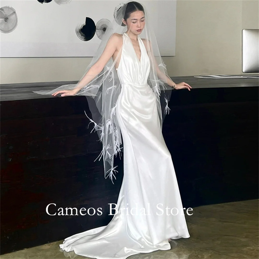 

SONDR Fashion Korea Halter Wedding Dresses Photo Shoot VINTAGE Sweep Train Sheath Sexy Backless Elegant Ivory Custom Bridal Gown