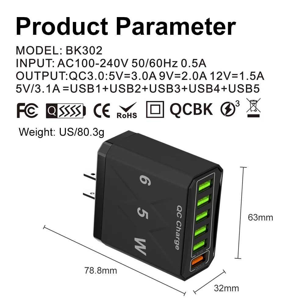65W High Speed Charger 6 Ports Fast Charging Wall Adapter Quick Charge 3.0 for iPhone 14 13 Xiaomi Huawei Samsung Multi Charger 9 S8f7f63a7d0054e6cabe8e210e7ca7909k