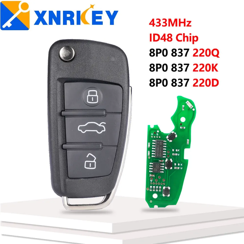XNRKEY 3 Button Flip Remote Car Key ID48 Chip 433Mhz for Audi A2 A3 S3 TT A4 S4 Cabrio Quattro Avant 2005-2013 8P0837220D/Q/K