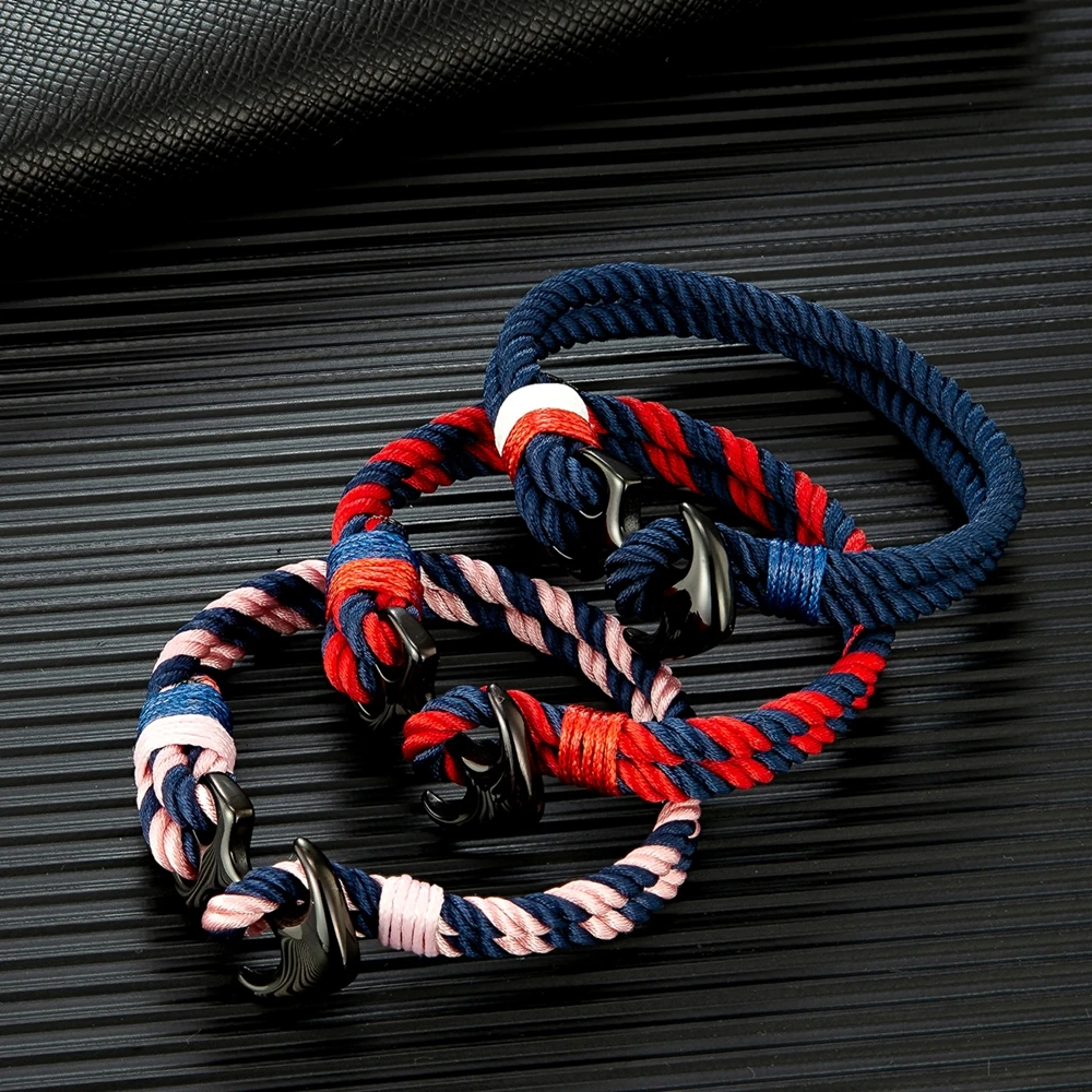 MKENDN Anchor Bracelets Men Double Strand Nautical Surfer Waterproof Rope Bracelet Women Black