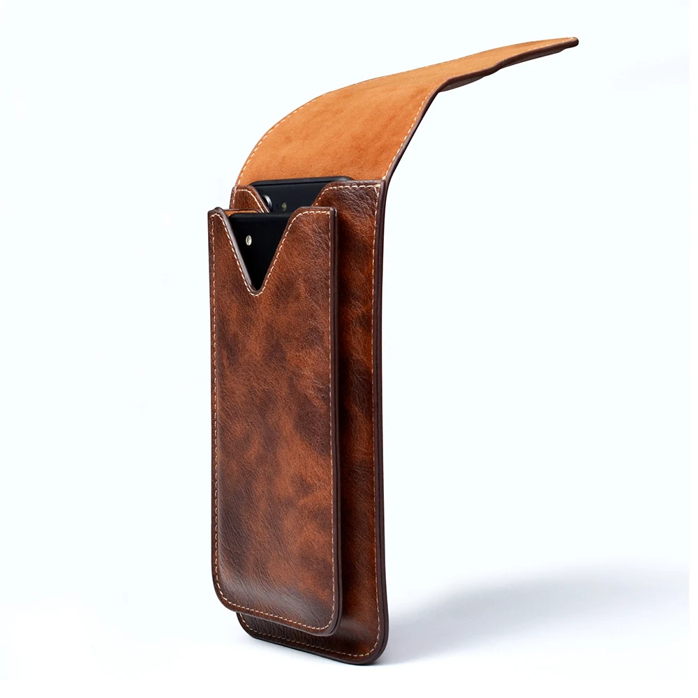 PULOKA Premium Retro Brown PU Leather Dual Phone Waist Pouch with Metal Loop