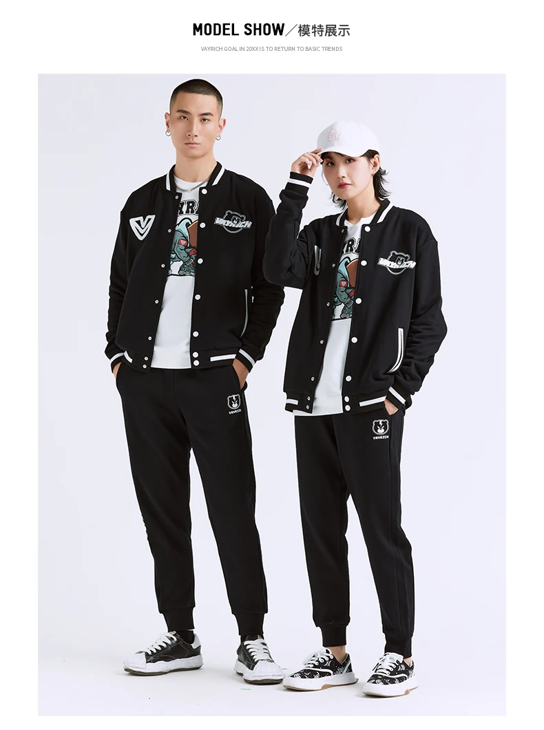 Lightning Bear Vayrich Branded Cotton Full-Snap Baseball Bomber Jacket Streetwear Hip Hop Unisex College Casual Outerwear Coats