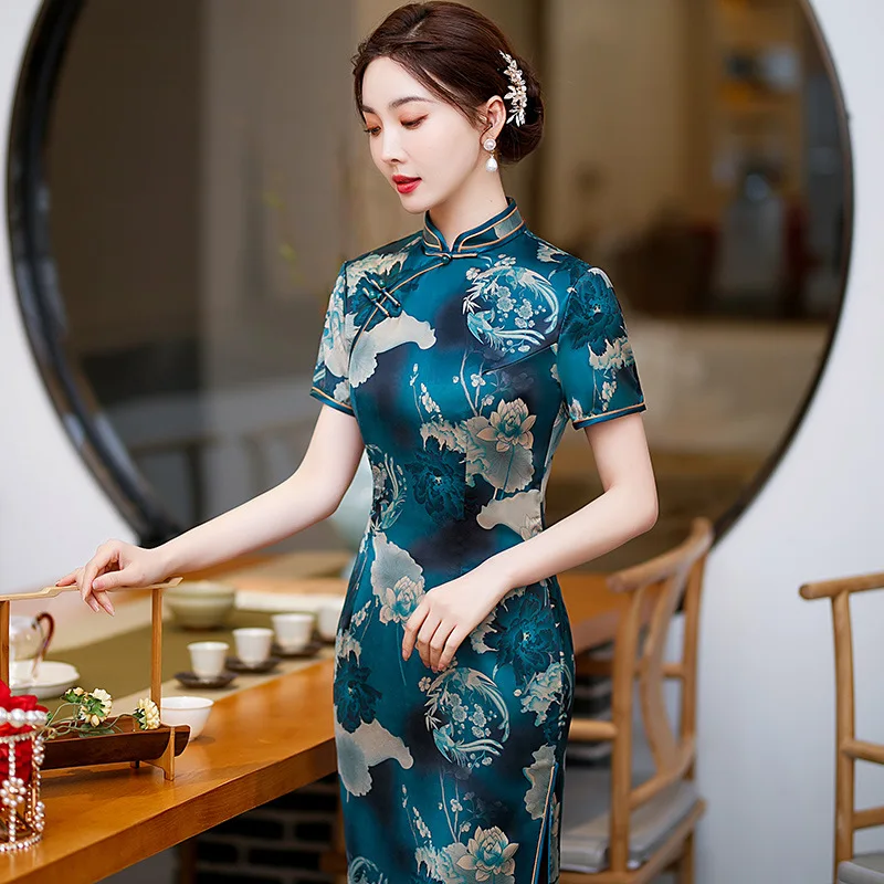 

2023 Spring Autumn Mid-length Slit Qipao Self-cultivation Improved Cheongsam Chinese Style Cheongsam Evening Dress for Women