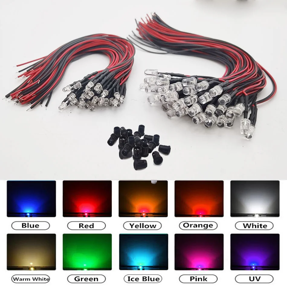 10-100pcs-3mm-5mm-Red-Green-Blue-RGB-white-UV-DC12V-Flat-Top-Round-Pre ...