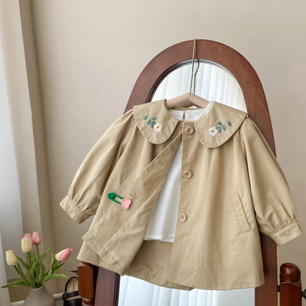Kids Girls Trench Coat Floral Embroidery Peter Pan Collar Versatile Windbreaker Children Casual One Breasted A-Line Jackets 1-8Y