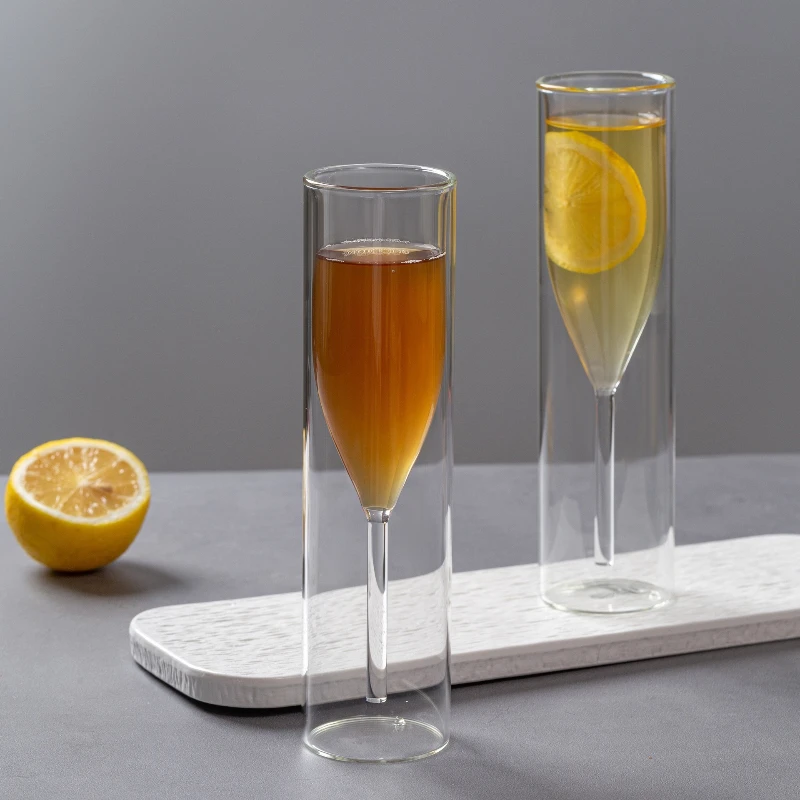 Double Wall Champagne Glasses - Elegant Crystal-Design Tulip & Flute Cups for Weddings, Cocktails & Toast, Shatter-Resistant