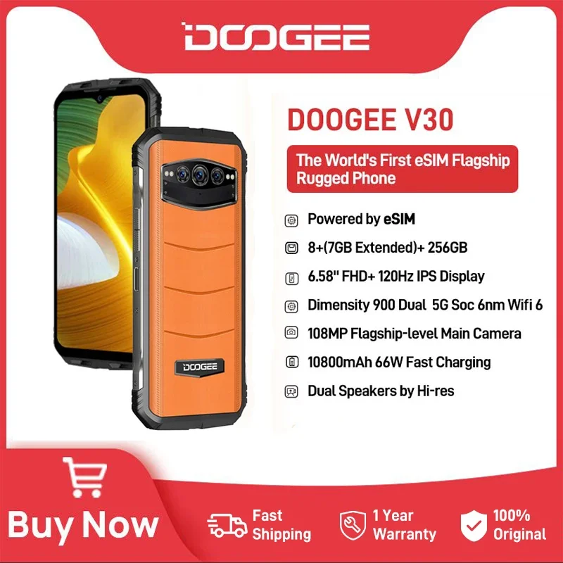 DOOGEE V30 Dual 5G Rugged Phone Pantalla 6.58 FHD+120Hz, Visión Nocturna  8GB+256GB, Cámara 108MP, Batería Grande 10800mAh Teléfono Doble Altavoz  (Naranja) : : Electrónicos