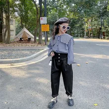Ensemble deux pièces pour filles, chemise à carreaux bleu, pantalon sarouel, vêtements scolaires décontractés pour enfants et adolescentes, printemps 2022