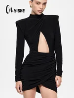 CNYISHE Hollow Out Long Sleeve Solid O Neck Hip Wrap Sheath Zipper Women Dresses Party Outfits Female Bodycon Vestidos Robes