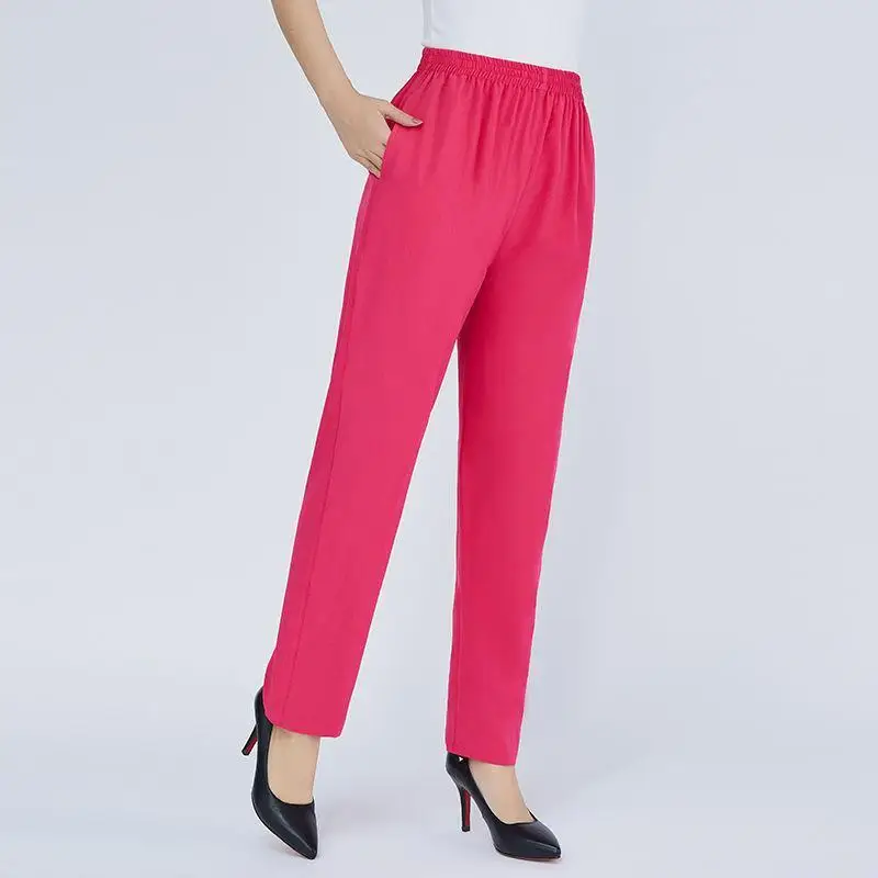 2024 New Simple Elegant Summer Solid Color Elastic High Waist Women's Fashion Versatile Silk Thin Loose Straight Cropped Pants