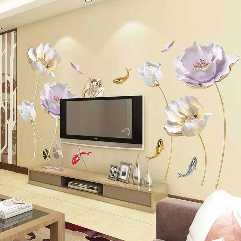 

Lotus Carp Flower Print Wall Stickers Exquisite Brocade Sunflower Flower Living Room Elegant and Magical PVC Sticker Decoration