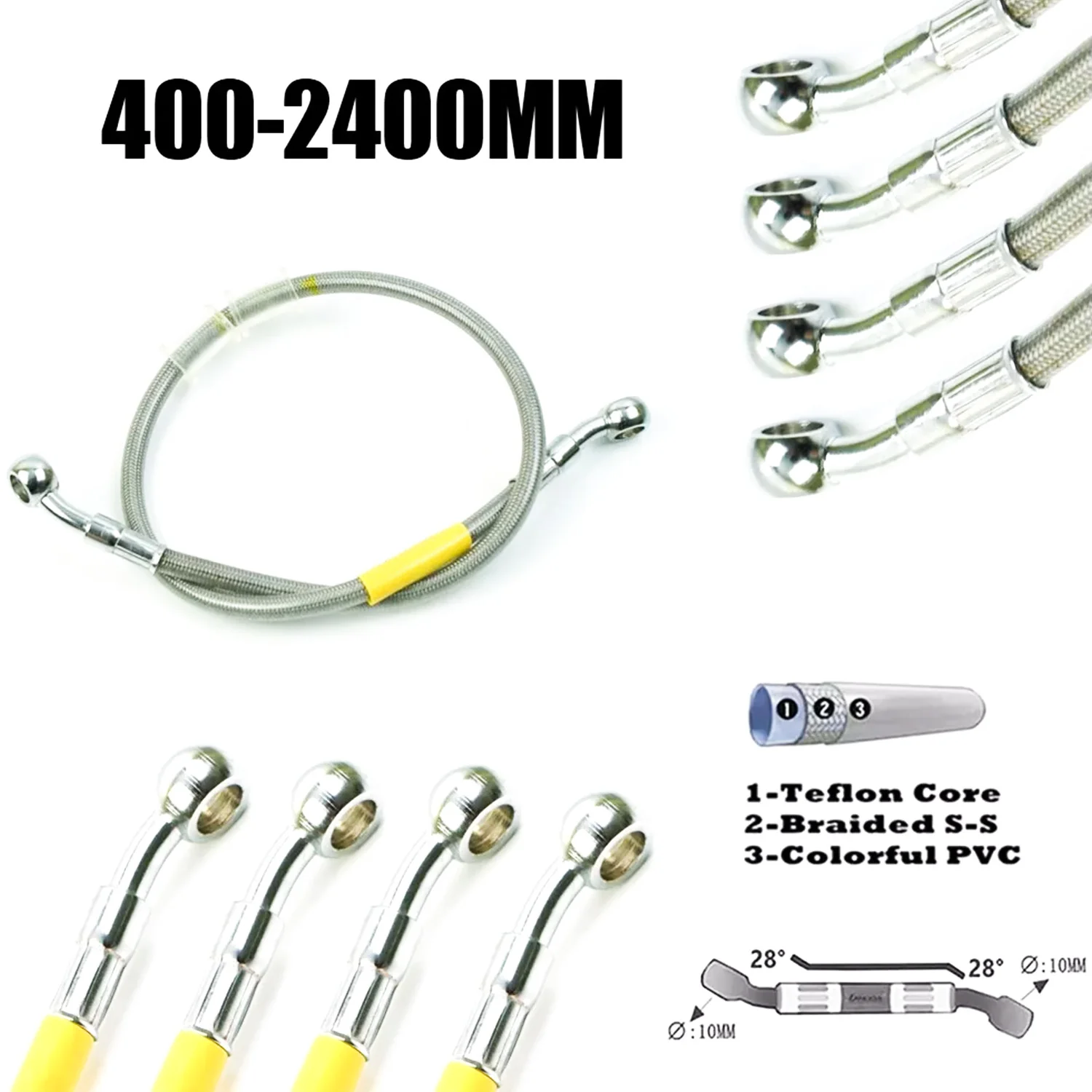 400mm-2200mm Brake Hose Hydraulic DOT Line Cable 10mm 28° Banjo for Suzuki Kawasaki Yamaha Pipe Line Braided oil hose 340 2300