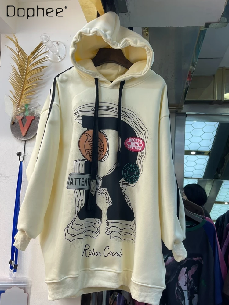 

Loose Mid-Length Hooded Fleece Thermal Hoodie Coat Women 2023 Autumn and Winter New Letter Printed Sweatshirt Top Femlae