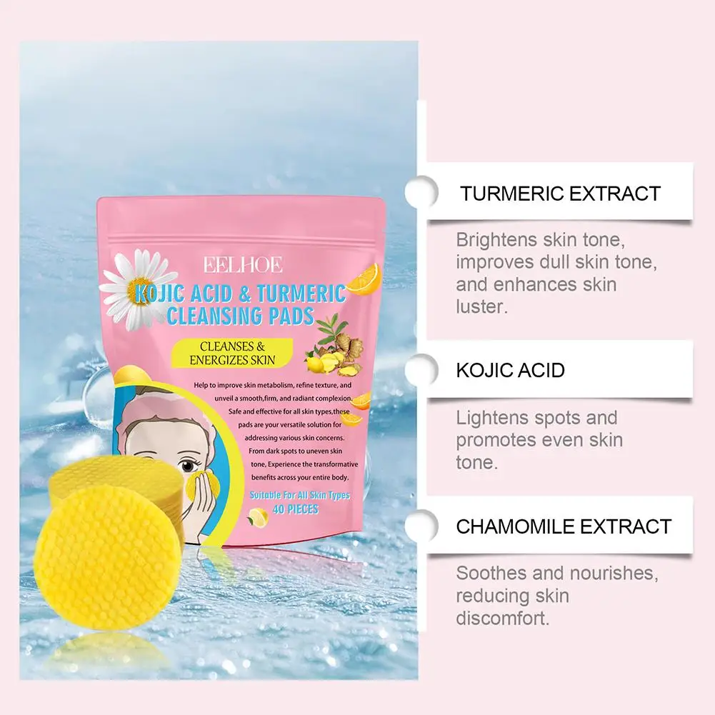 Kojic Acid Turmeric Cleansing Pad Brightening skin tone Mild formula Portable Exfoliating Smoothing facial skin care 3
