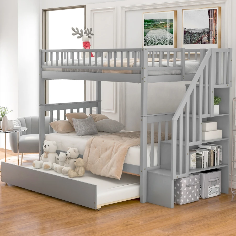 Over Twin Bunk With Trundle And 4 Storage,Can Be Split Into 3 Separate Beds,Sturdy & Durable,Bunk Bed For Kids Bedroom