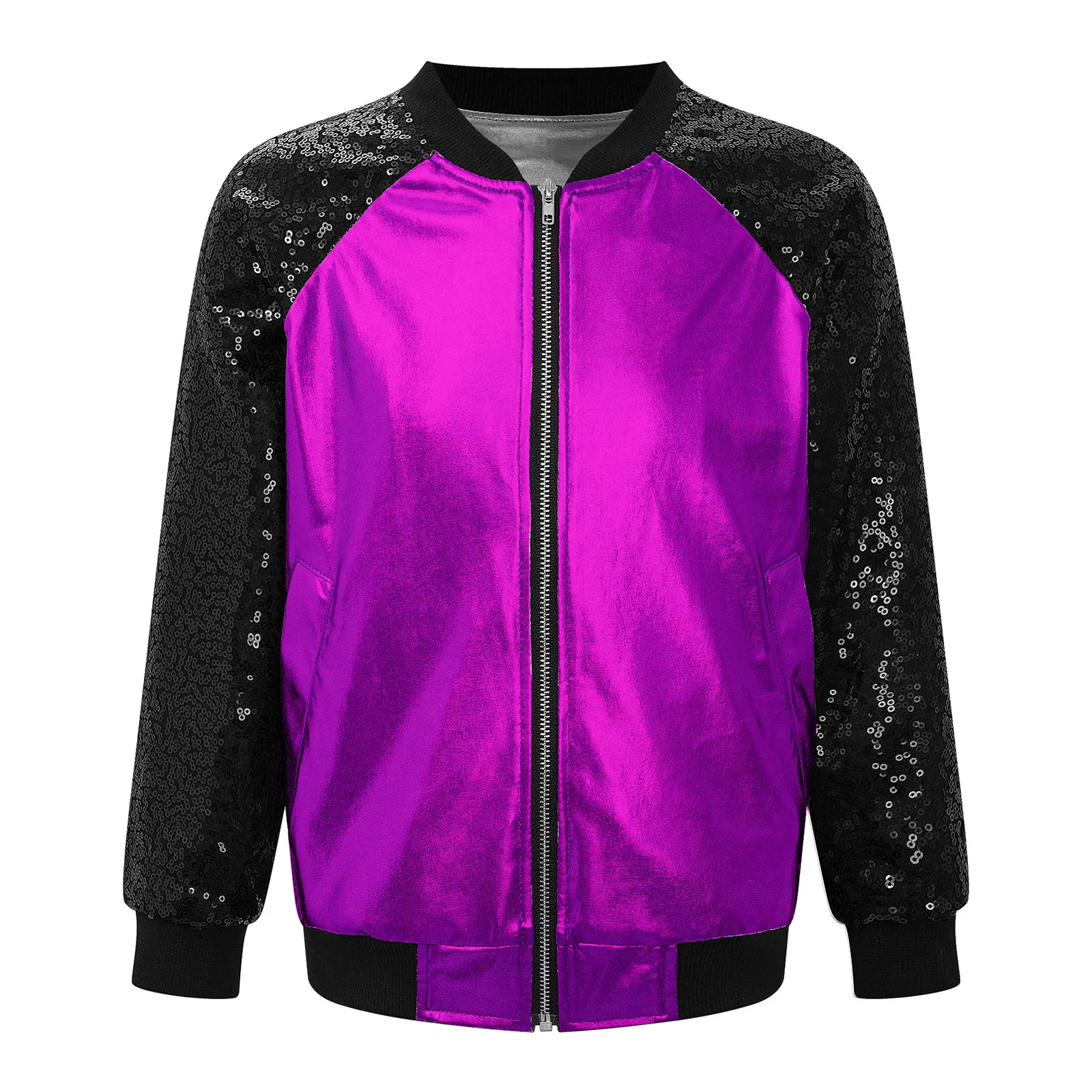 

Kids Girls Metallic Shiny Bomber Jacket Hip Hop Jazz Dance Stage Performance Streetwear Long Sleeve Bronzing Coat Dancewear