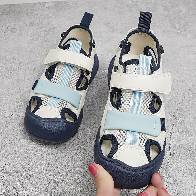 키즈 캐주얼 신발 샌들 PU 가죽 여름 신발 소년용 후크 앤 루프 컬러 블로킹 미끄럼 방지 블루 블랙 신발 사이즈 26-37