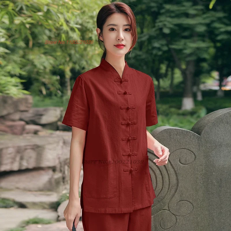 

2024 chinese buddhist meditation zen suit national tea service hanfu cotton linen blouse+pants set oriental tai chi yoga set