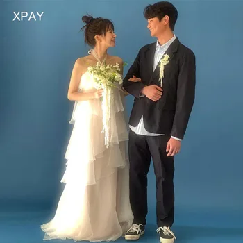 XPAY Simple Halter Neck Korea Wedding Dresses Chiffon Tiered Sleeveless Floor Length Bridal Gown Customised Bride Party Dress