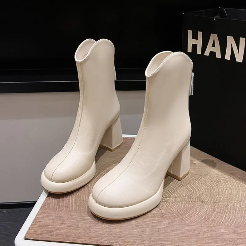 Women Ankle Boots Platform Square High Heel Ladies Short Boots Patent PU Leather Round Toe Spring and Fall New Plus Size 42 43