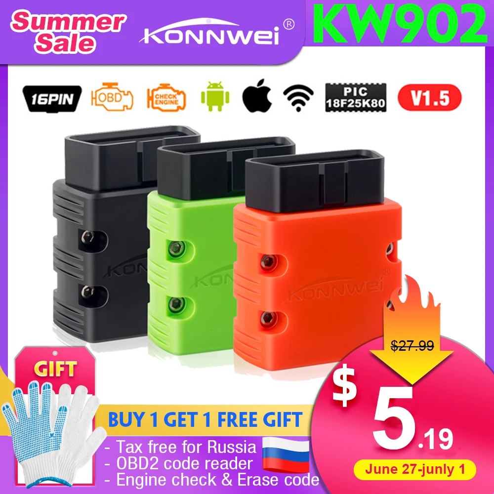 

KONNWEI Vgate ELM327 V1.5/V2.2 OBD2 сканер KW902 ICAR 2 BT WIFI PIC18F25K80 MINI ELM 327 OBDII считыватель кодов для Android IOS