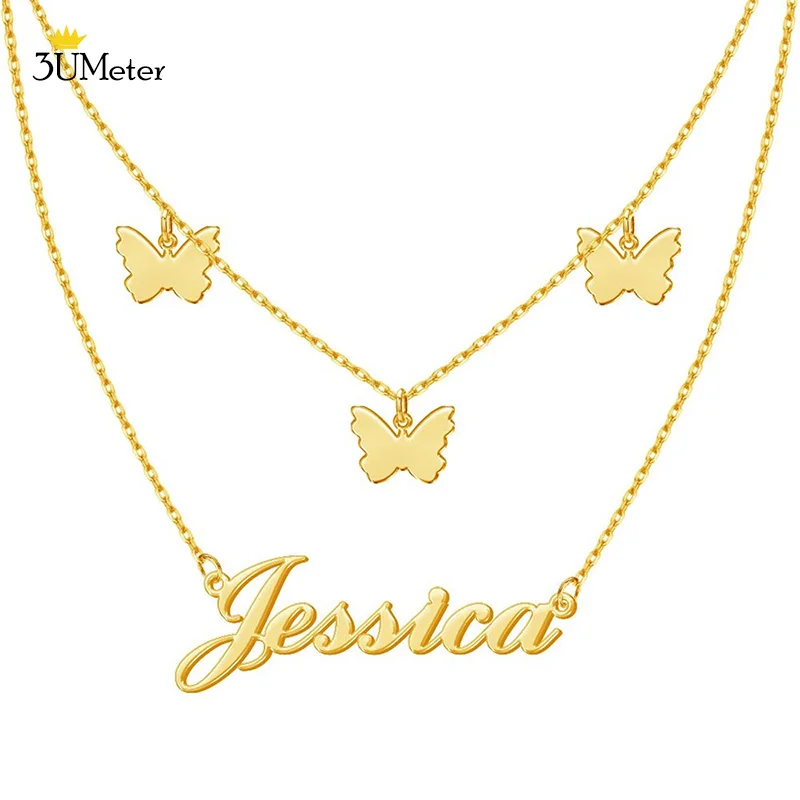 

Trendy Custom Name Necklace Stainless Steel Personalized Name Necklace Double Layer Butterfly Pendant Choker Jewelry Gift Unisex