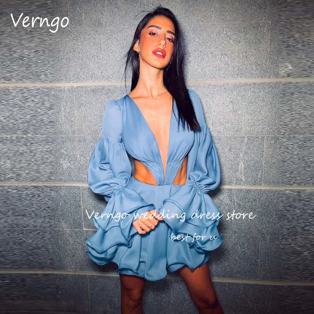 

Verngo Dusty Blue Silk Chiffon Short Party Prom Dresses Long Sleeves V Neck Cut-Out Arabic Cocktail Dress Formal Club Gowns