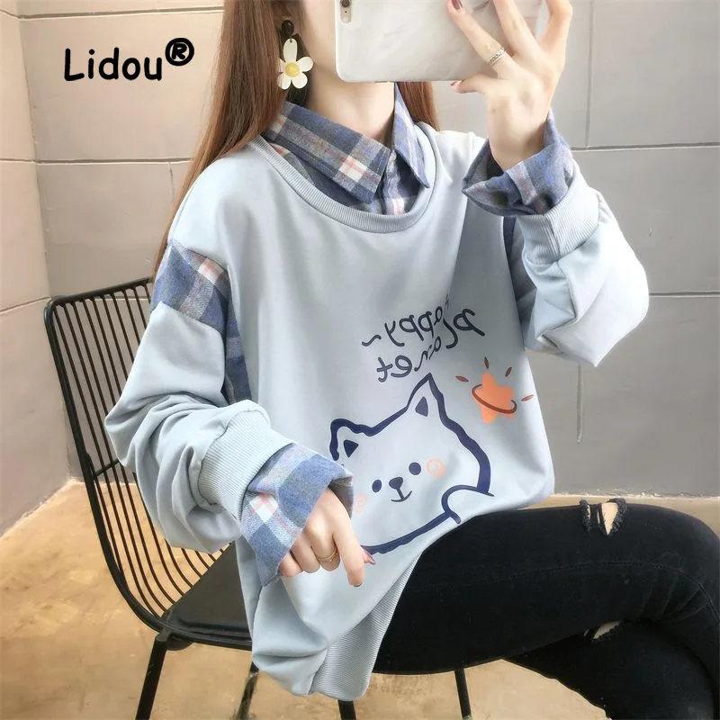 Autumn Fashion Two Fake Pieces Printing Letter Sweatshirts Women New Long Sleeve Personality Design Polo Collar All-match Top