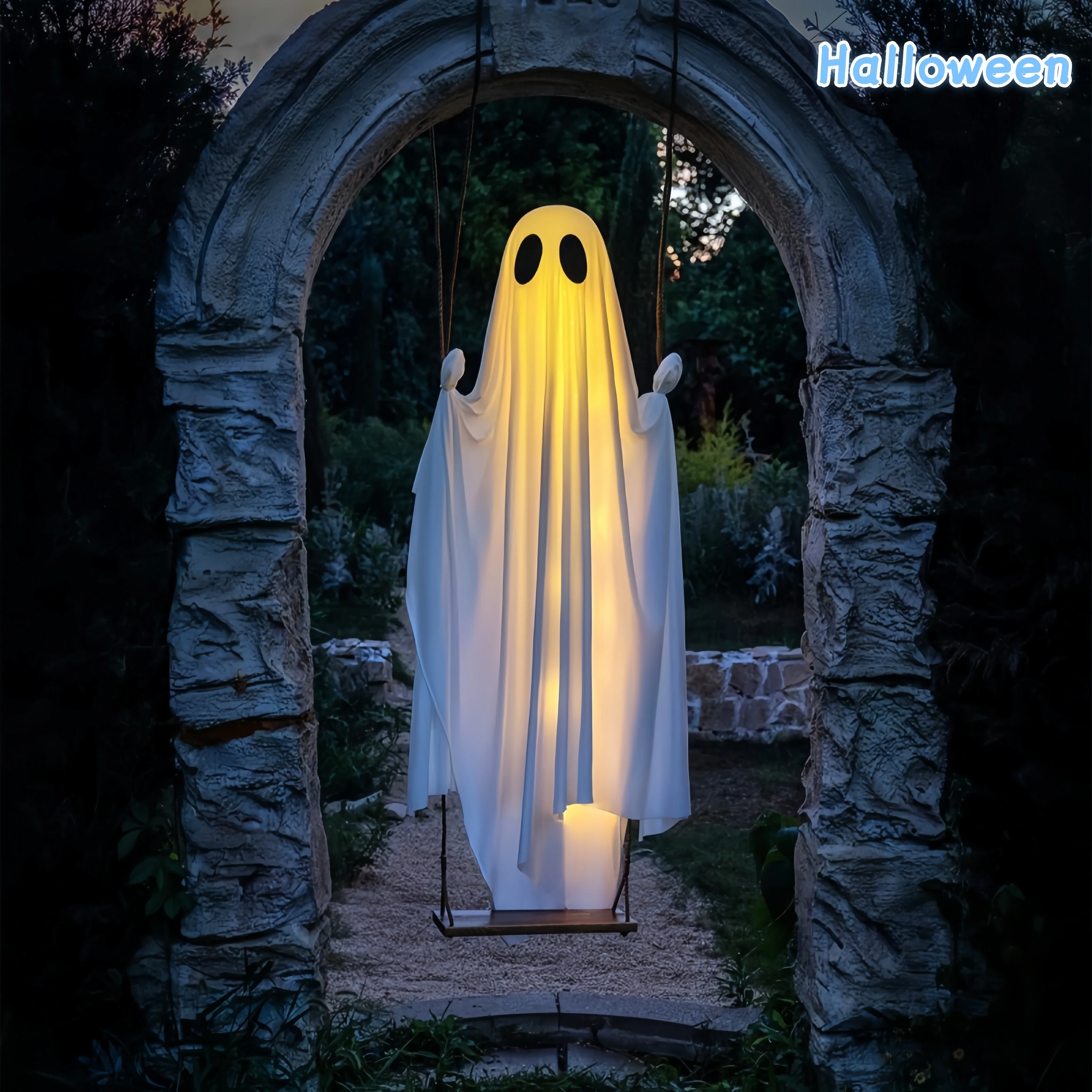 Halloween Large Hanging Swing Ghost Halloween Outdoor Decor with String Lights-Spooky Cute Ghosts Decor for Front Porch Yard Tre