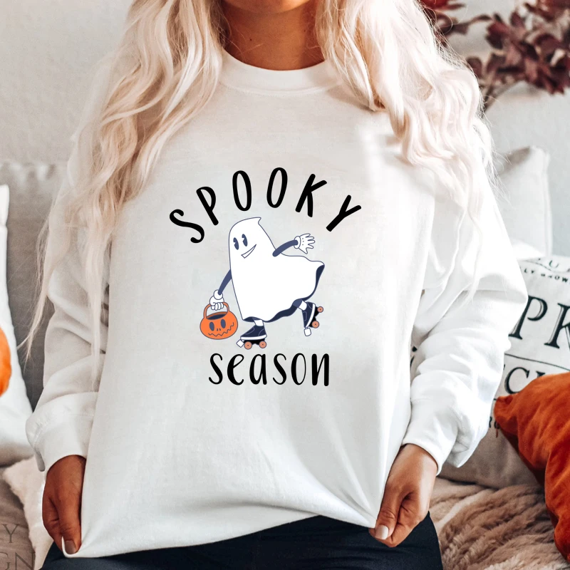 

colored spooky season ghost skateboarding Sweatshirt funny women long sleeve jumper halloween graphic pullovers