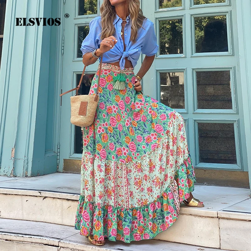 

Summer New Streetwear Skirt For Women Fashion High Waist Elegant Temperament Printed Ruffled Skirts Bohemia Party Casual Clothes
