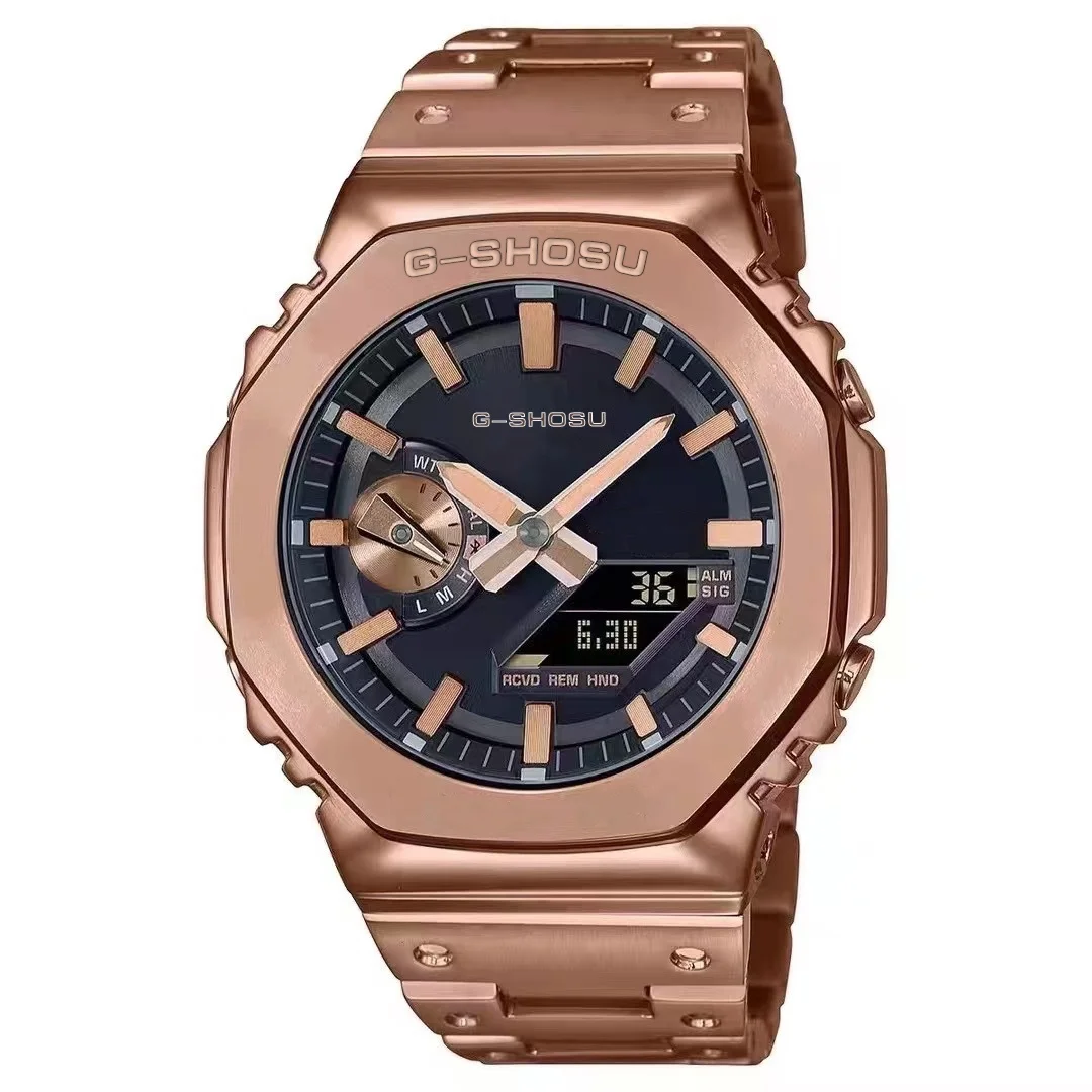 Sport Digital Electronic Unisex Watch Alloy Large Dial Dual Display World Time LED Auto Hand Lifting Lamp Steel Strap Oak Series 5