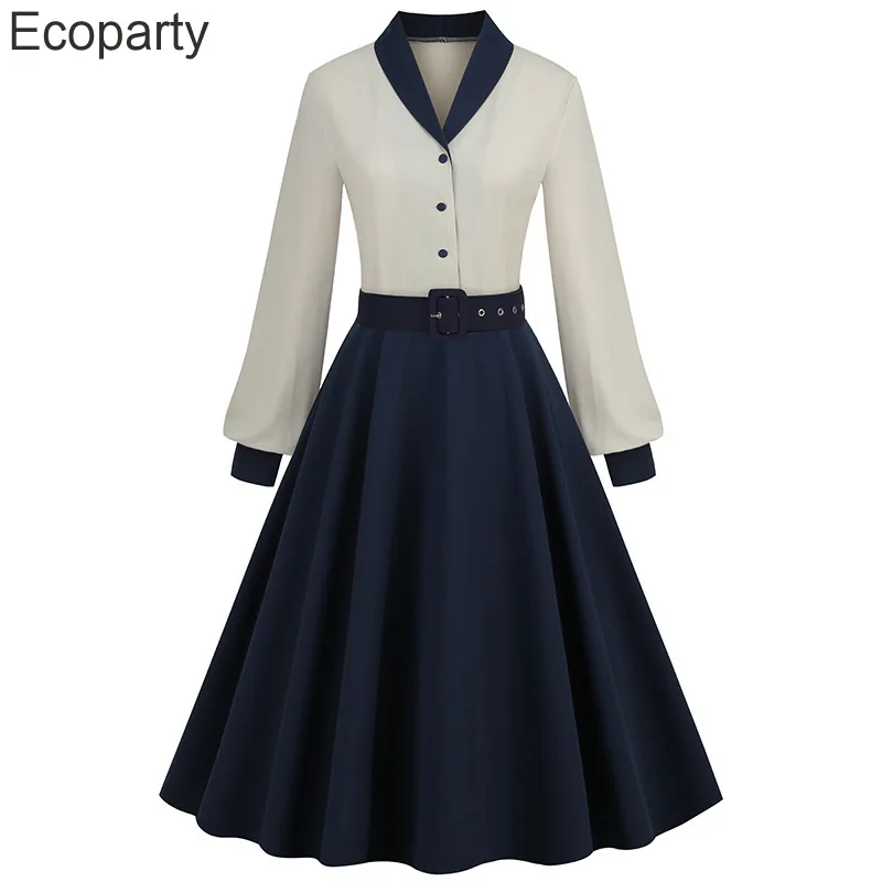 

50s Women's Vintage Hepburn Dress 2023 Spring Autumn Patchwork Long Sleeved Elegant French A-Line Dresses For Women Vestidos