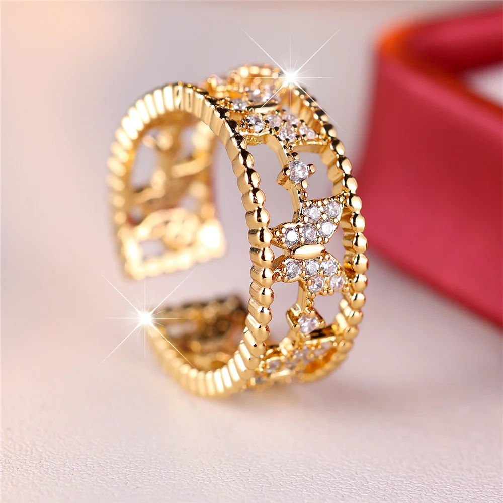 Cute Female Small Butterfly Zircon Stone Adjustable Ring Yellow Gold Color Open Wedding Jewelry For Women