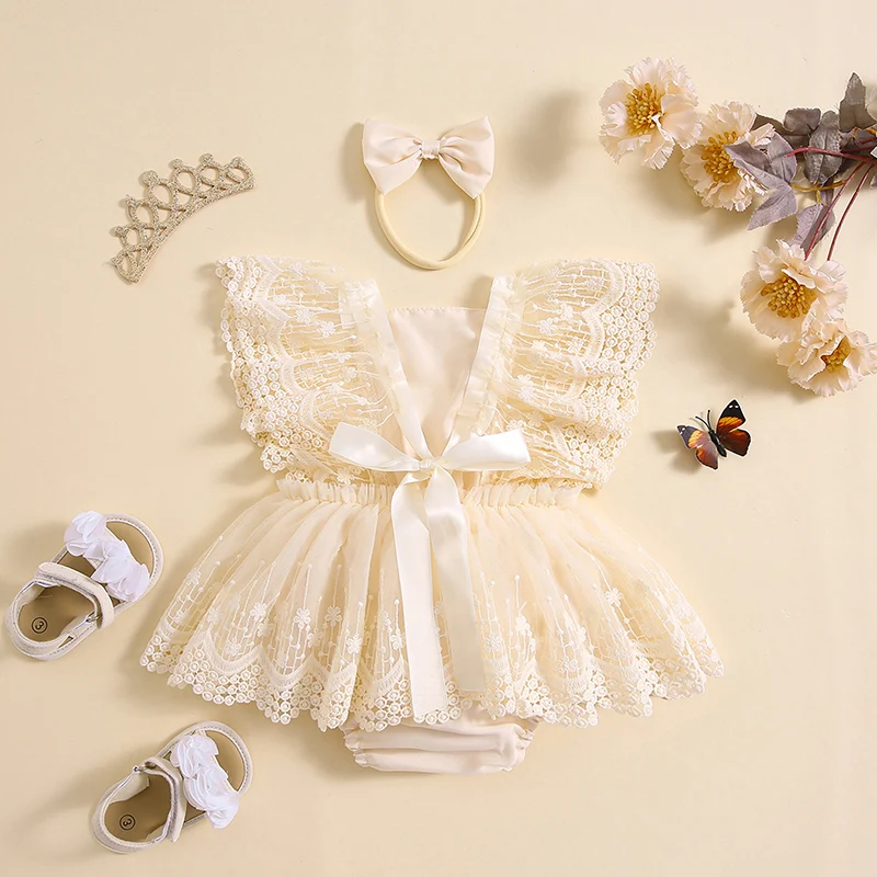 

Baby Girl Flower Lace Romper Dress Photoshoot Clothes Birthday Tutu Cake Smash Outfits Summer Clothing Set
