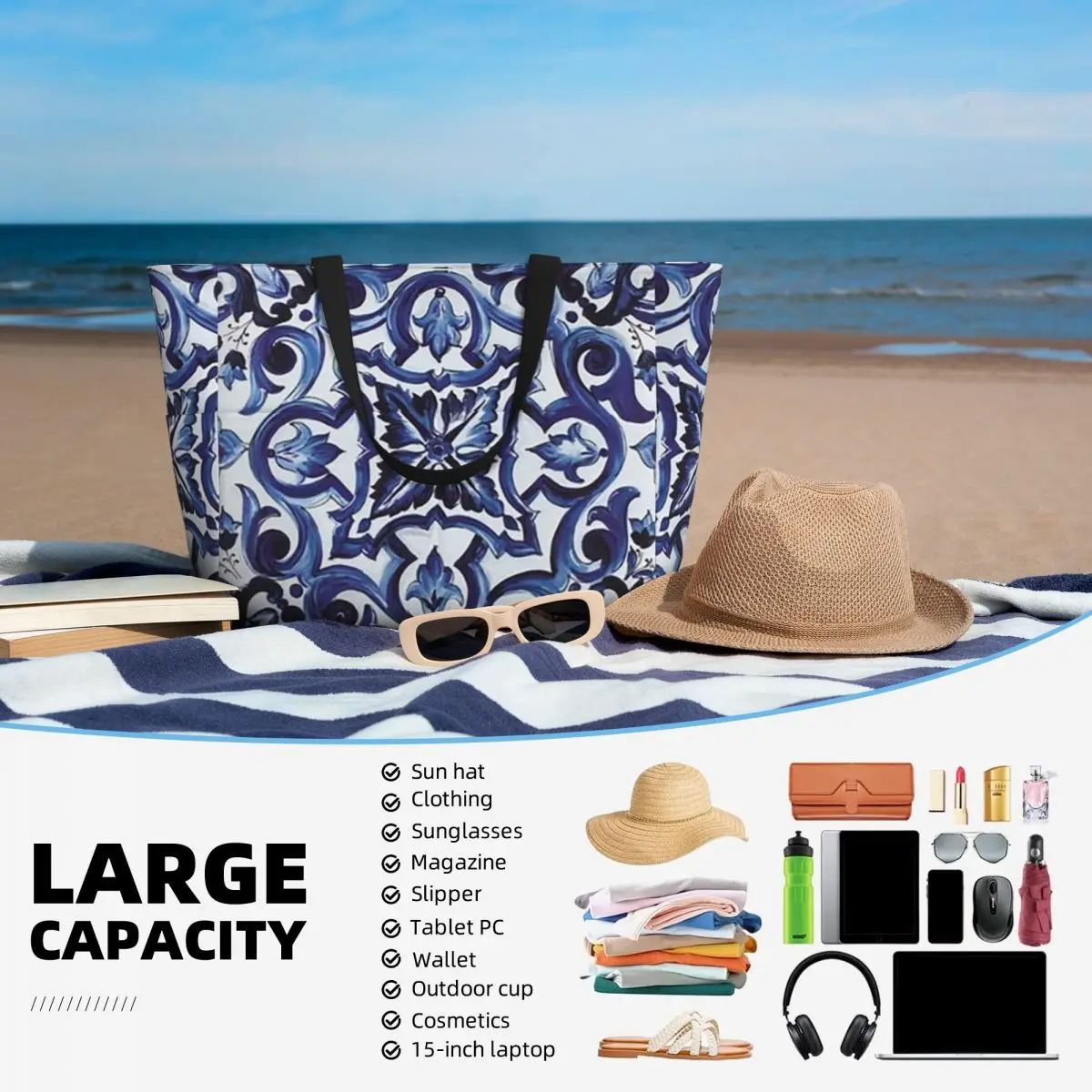 Borsa da Spiaggia Blu con Motivi Floreali Ornamentali in Stile Mediterraneo Siciliano, Borsa Sportiva per Palestra e Yoga, Grande Borsa da Viaggio per Donne, Borsa per Fitness - immagine 4
