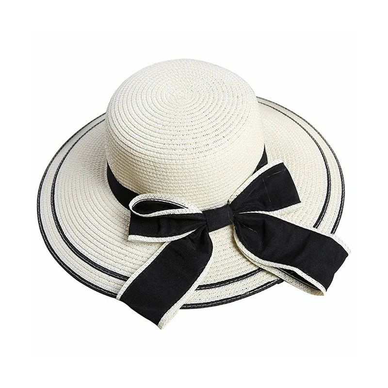 Summer Beach Bow Straw Hat For Women Large Brim Sun Protection Hat Fashion Vacation Sunshade Visors