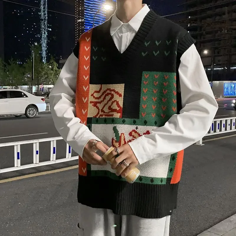 

Knit Sweater Male Vest Patchwork Black Cute Sleeveless Men's Clothing Waistcoat Graphic Korean Style Winter 2023 New in Fashion