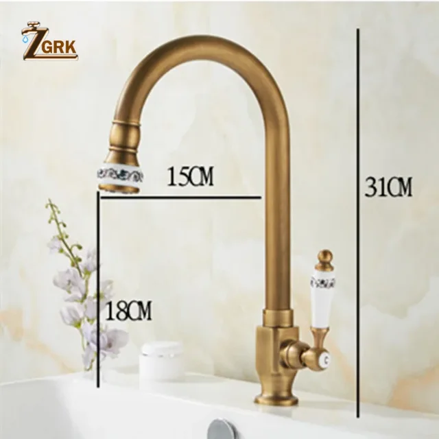 ZGRKเย็นก๊อกน้ำห้องครัวAntique Bronzeสำเร็จรูป 360 องศาSINGLE Hole Water TAP Cooper KITCHEN TAP 6