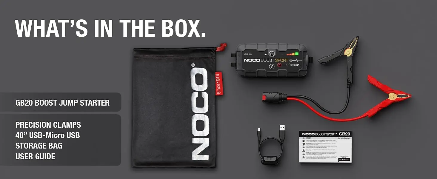 Whats in the box. GB20 jump starter, jumper cable clamps, USB cable and microfiber bag.